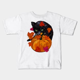 Pumpkin,maple leaf, black cat and falling autumn leaves Kids T-Shirt